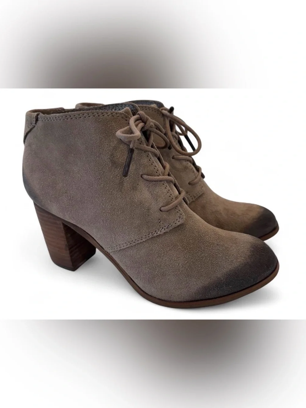 TOMS Lunata Taupe Suede Lace Up Block Heel Booties Size 7